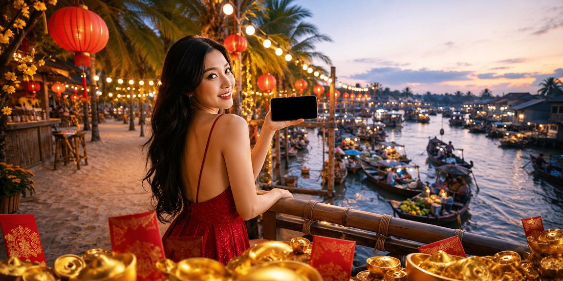 Người dùng tại Cần Thơ xem kèo thể thao buổi tối dưới ánh đèn lồng lễ hội